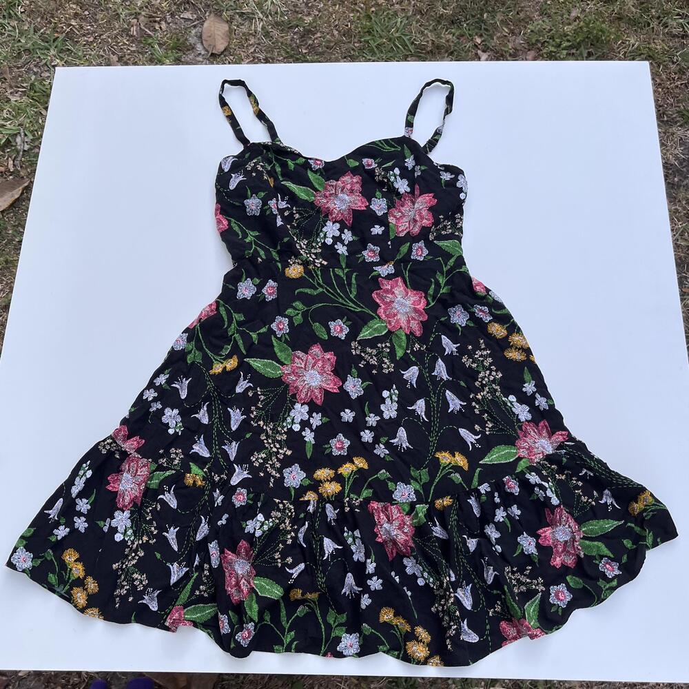 Old Navy Dress Women Vintage Small Black Floral Strap Y2k Sundress Ruffle Rayon
